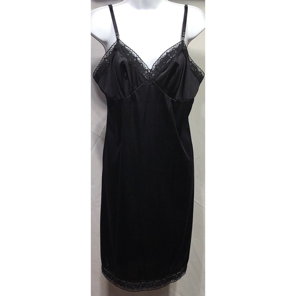 Vintage Vassarette Satin Lace Slip Lingerie Gown 38 (8) Blk 80s Whimsy coquette